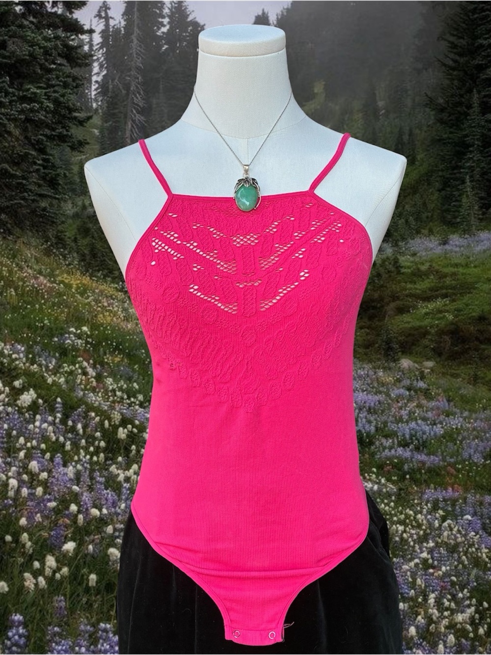Hot Pink Lace-Front Halter Bodysuit